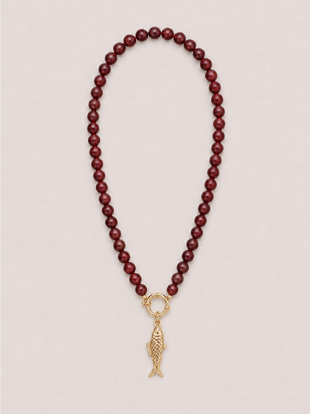 New! Deep Red Beaded Gold Fish Necklace NWOT 5049